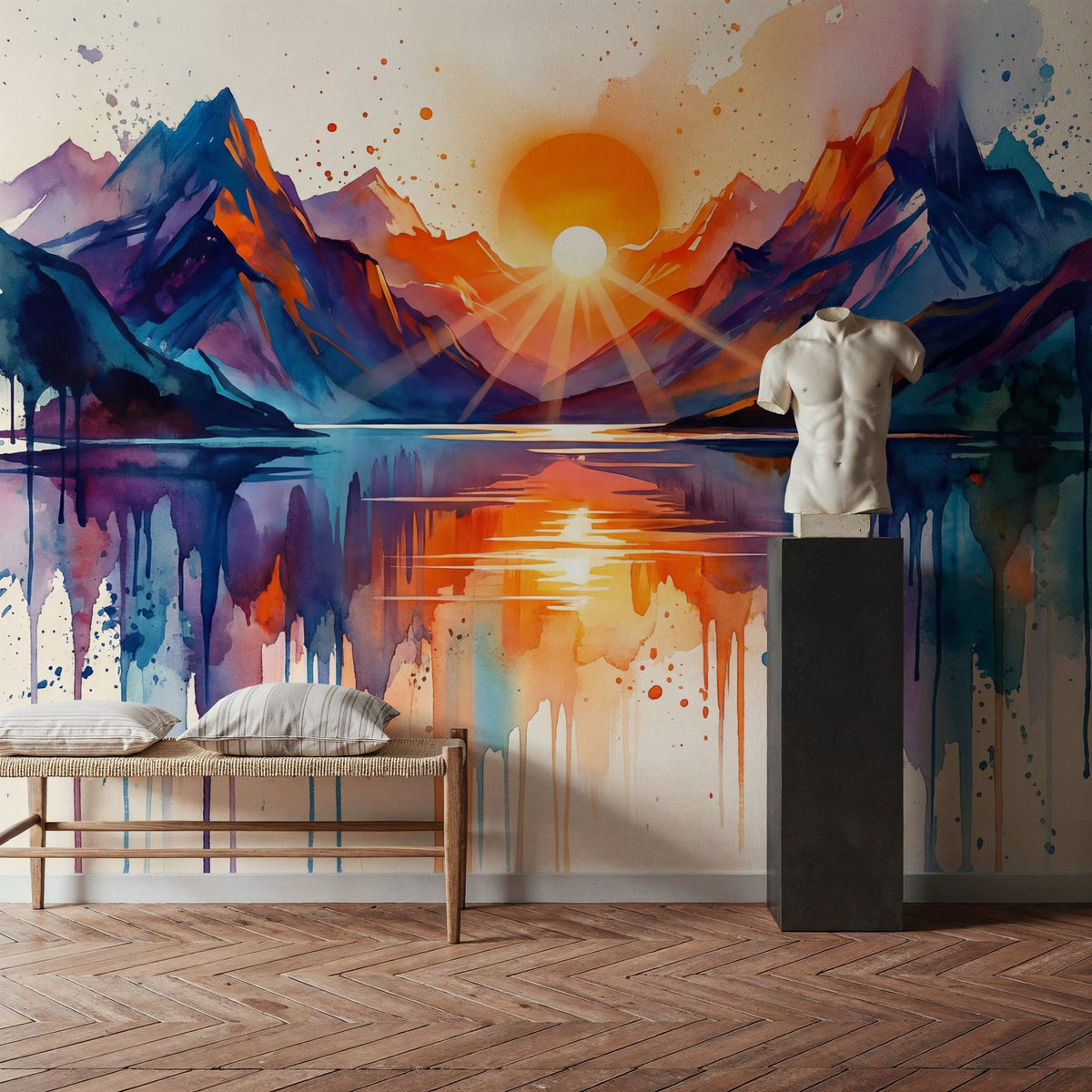 Mountain Lake - Watercolor Sunset Series Mural Wallpaper - room preview 04