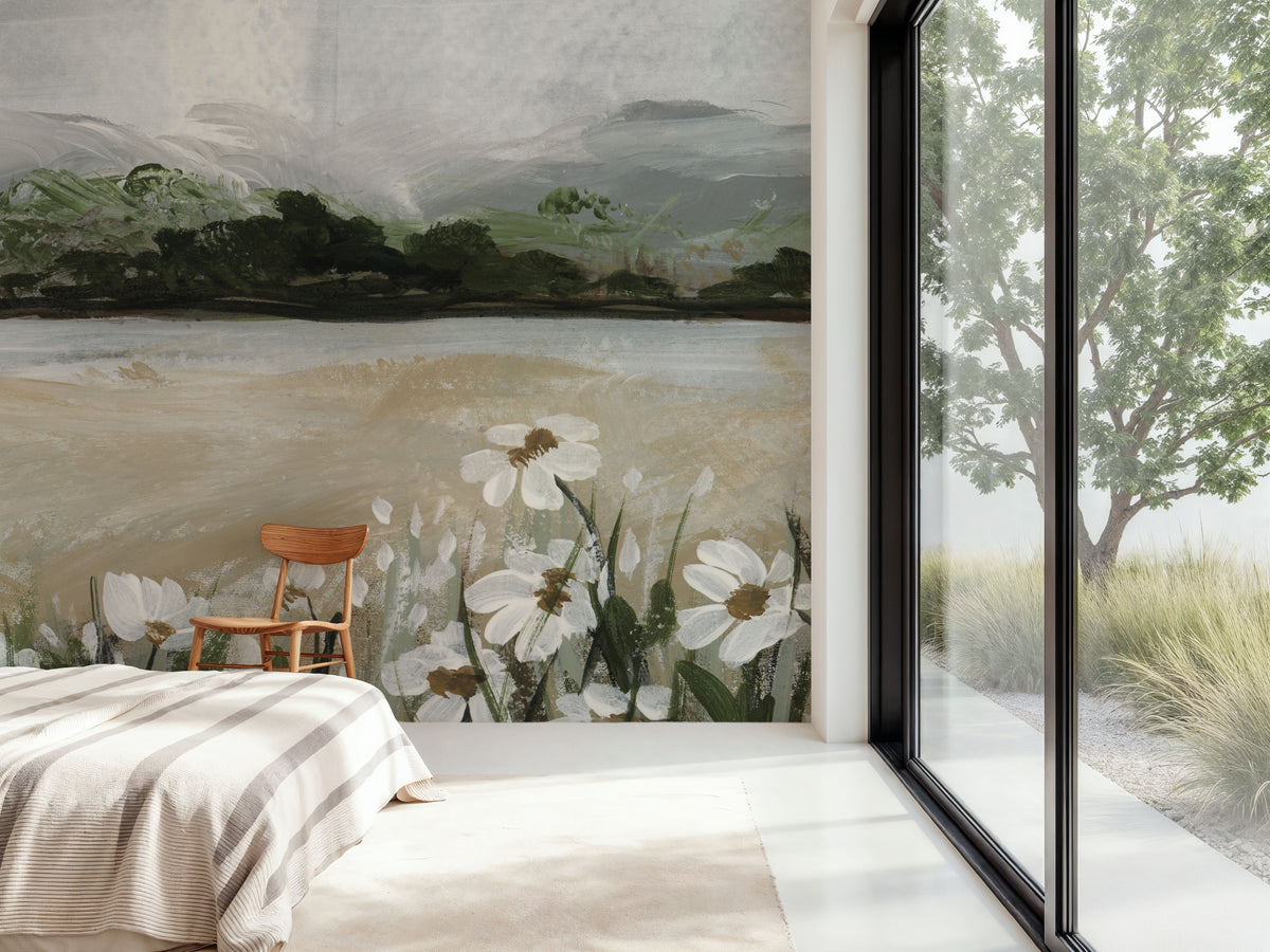 Wildflowers Among the Landscape Mural Wallpaper - Neutral Tone - room preview 04