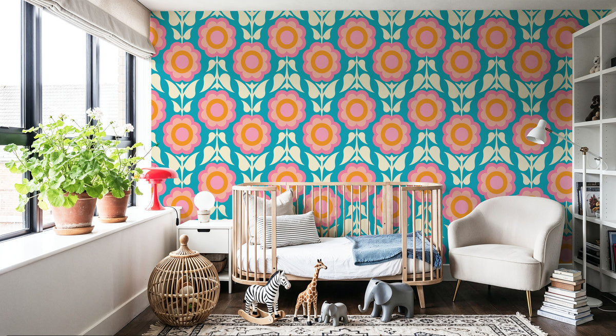 Retro Bold Blooms, Pastel Mural Wallpaper - room preview 04
