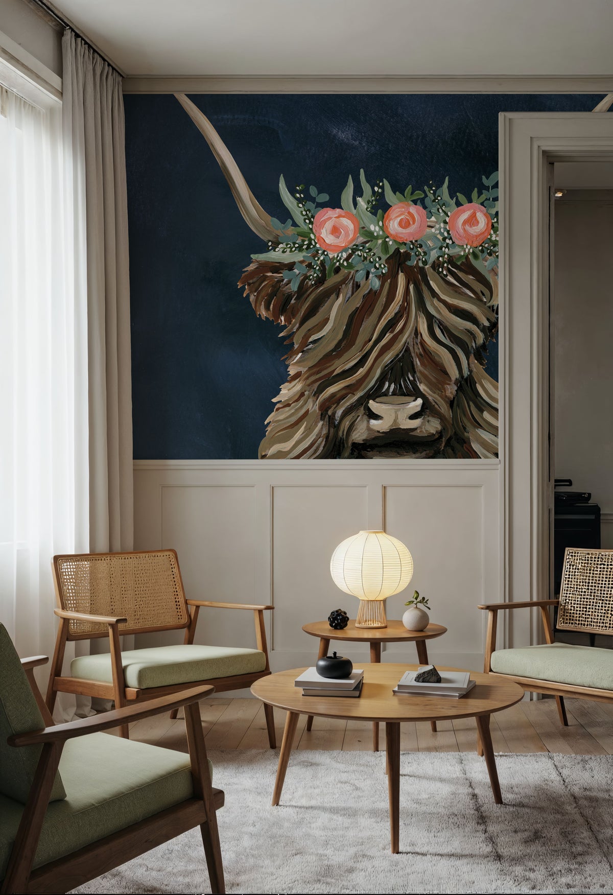 Longhorn with Rose Crown Dark Mural Wallpaper - room preview 04