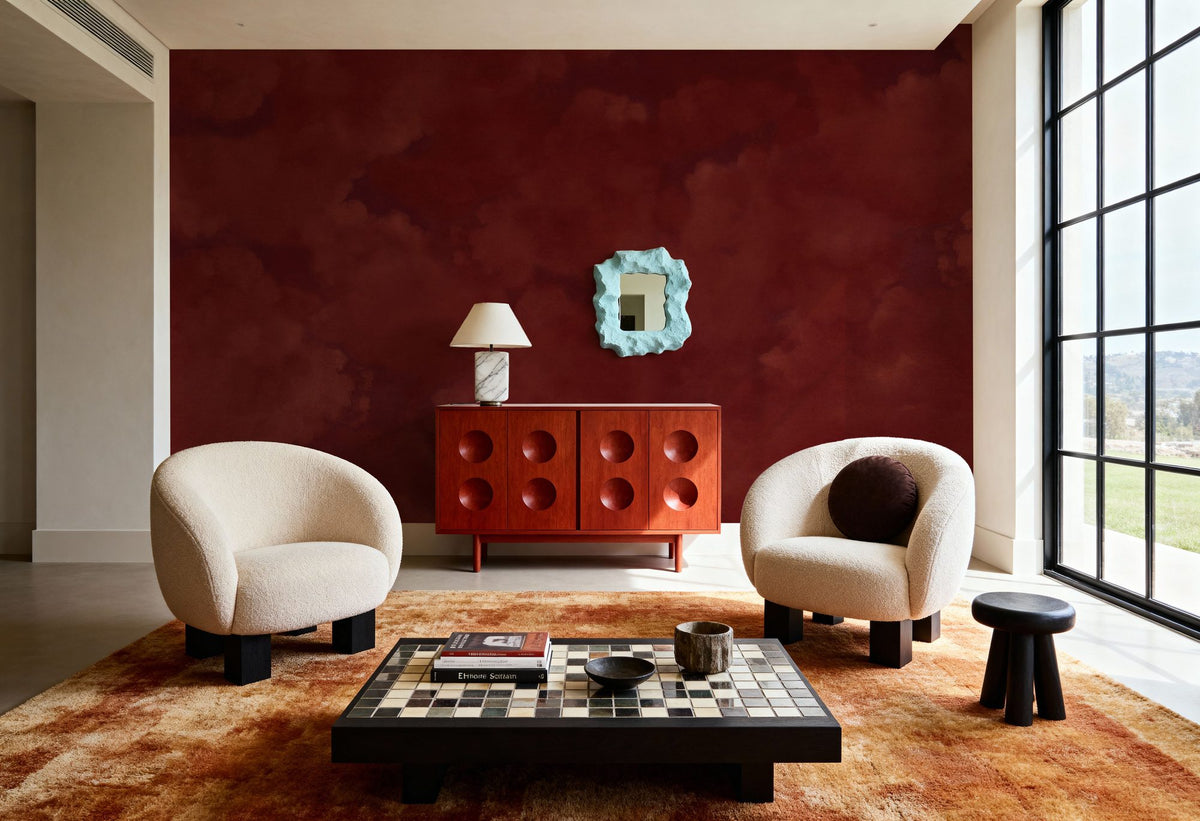 Painted Dreamy Clouds, Cherry Red Mural Wallpaper - room preview 04
