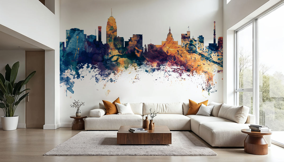 Lansing Michigan Skyline Blue & Bronze Mural Wallpaper - room preview 04