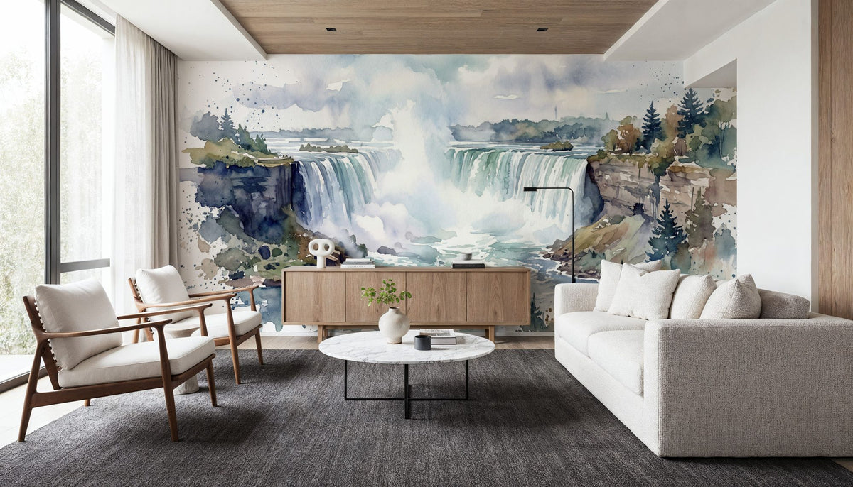 Northern Waterfall - Watercolor Landscapes Series Mural Wallpaper - room preview 04