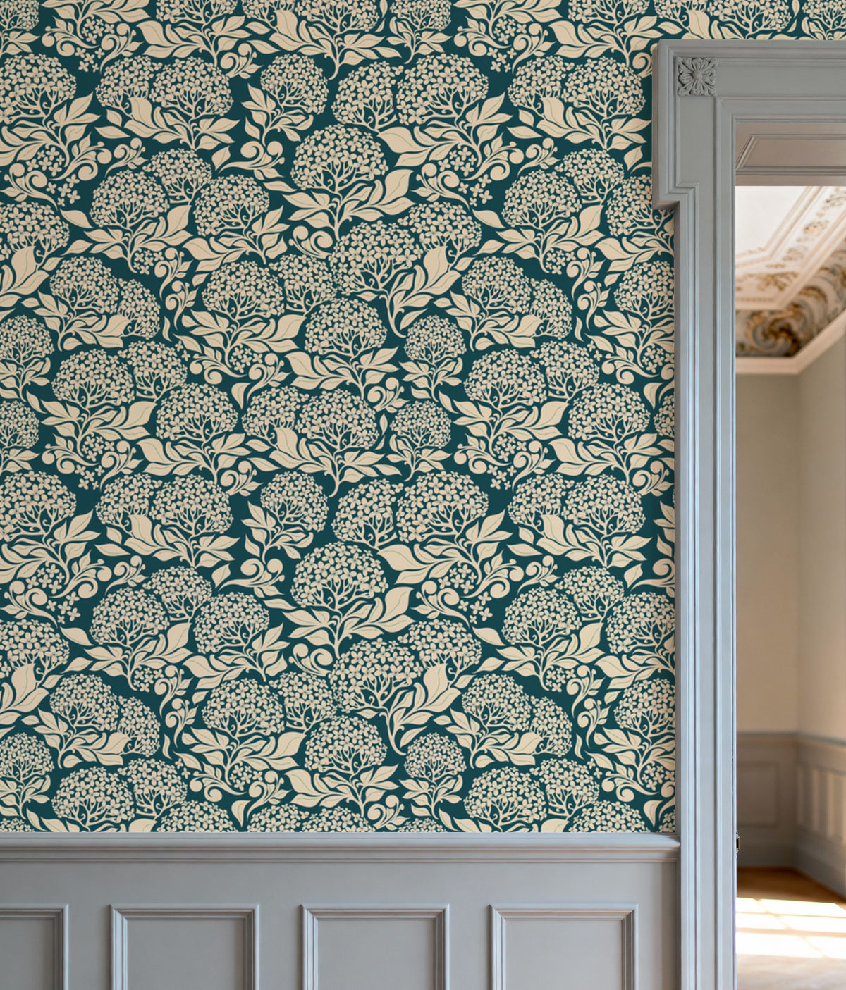 Hydrangea, Teal Mural Wallpaper - room preview 04