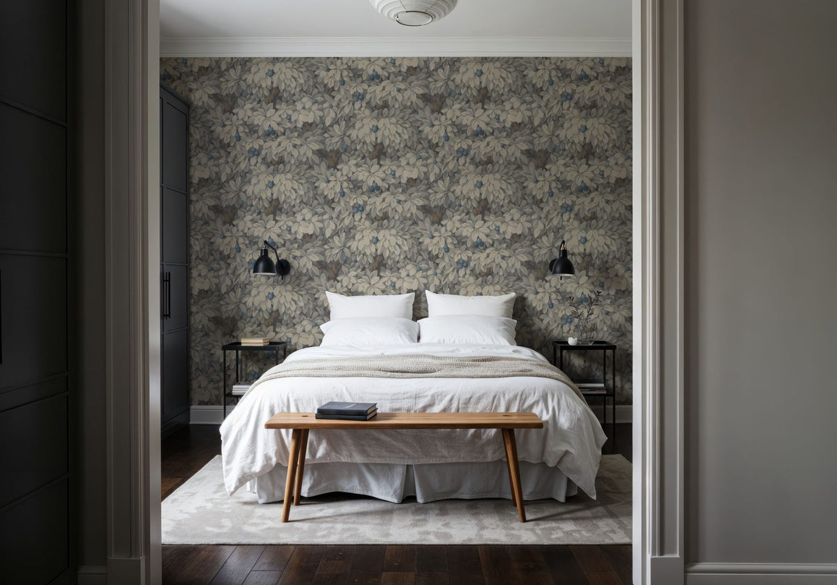 Fruit Tree Bower, Blue on Mauve Mural Wallpaper - room preview 04
