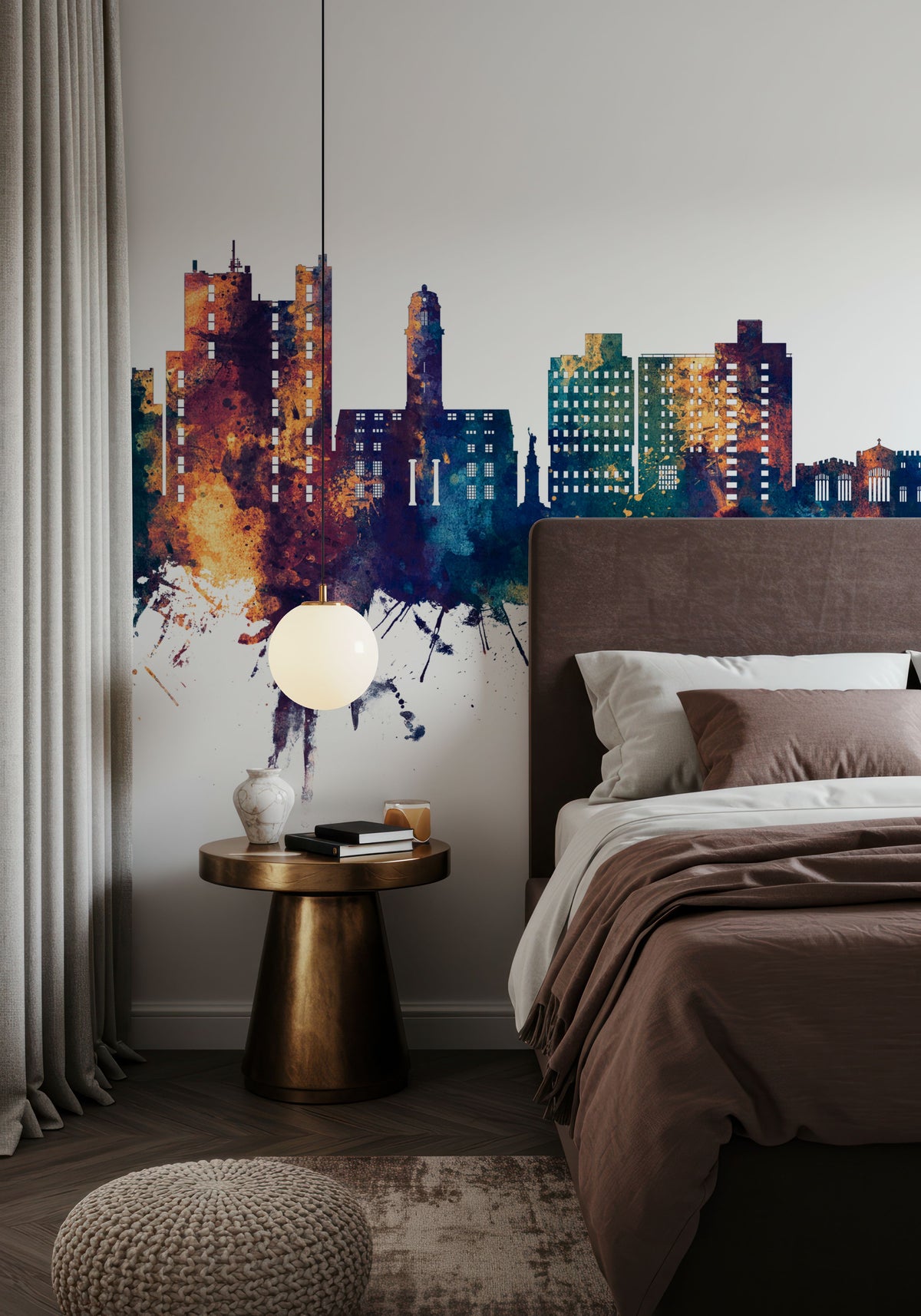 Luton England Skyline Blue & Bronze Mural Wallpaper - room preview 04