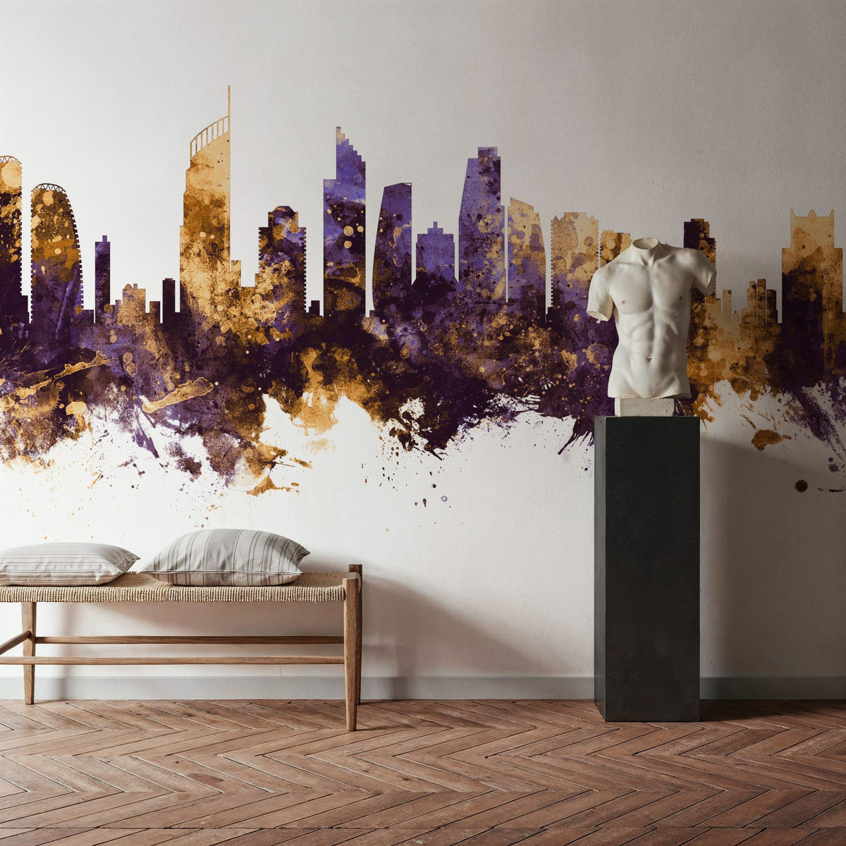 Gold Coast Australia Skyline Purple & Gold Mural Wallpaper - room preview 04