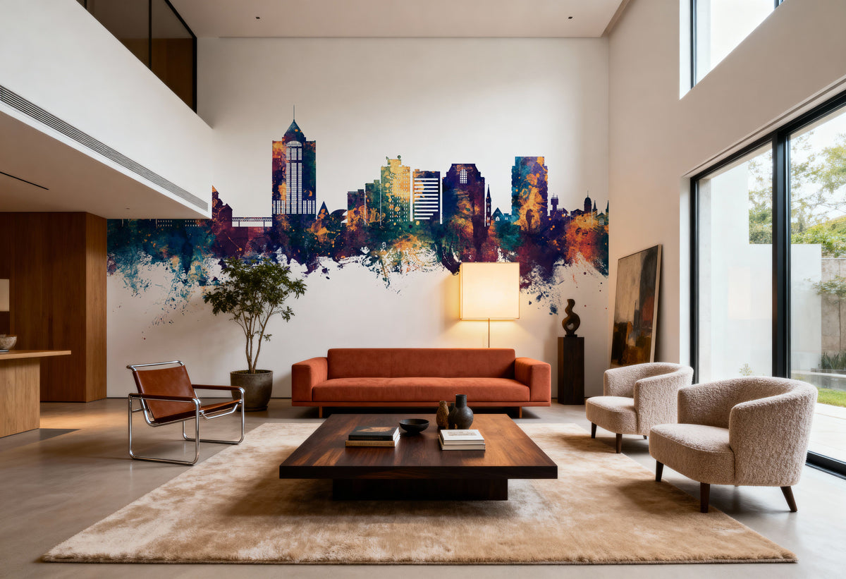 Roanoke Virginia Skyline Blue & Bronze Mural Wallpaper - room preview 04