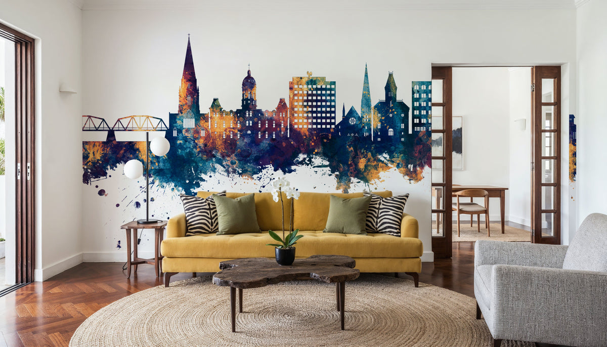 Fredericton Canada Skyline Blue & Bronze Mural Wallpaper - room preview 04