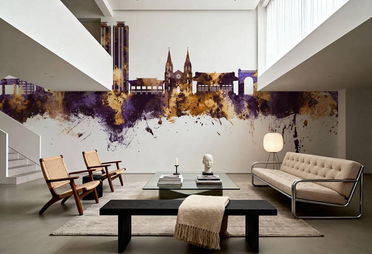 Daegu South Korea Skyline Purple & Gold Mural Wallpaper - room preview 04