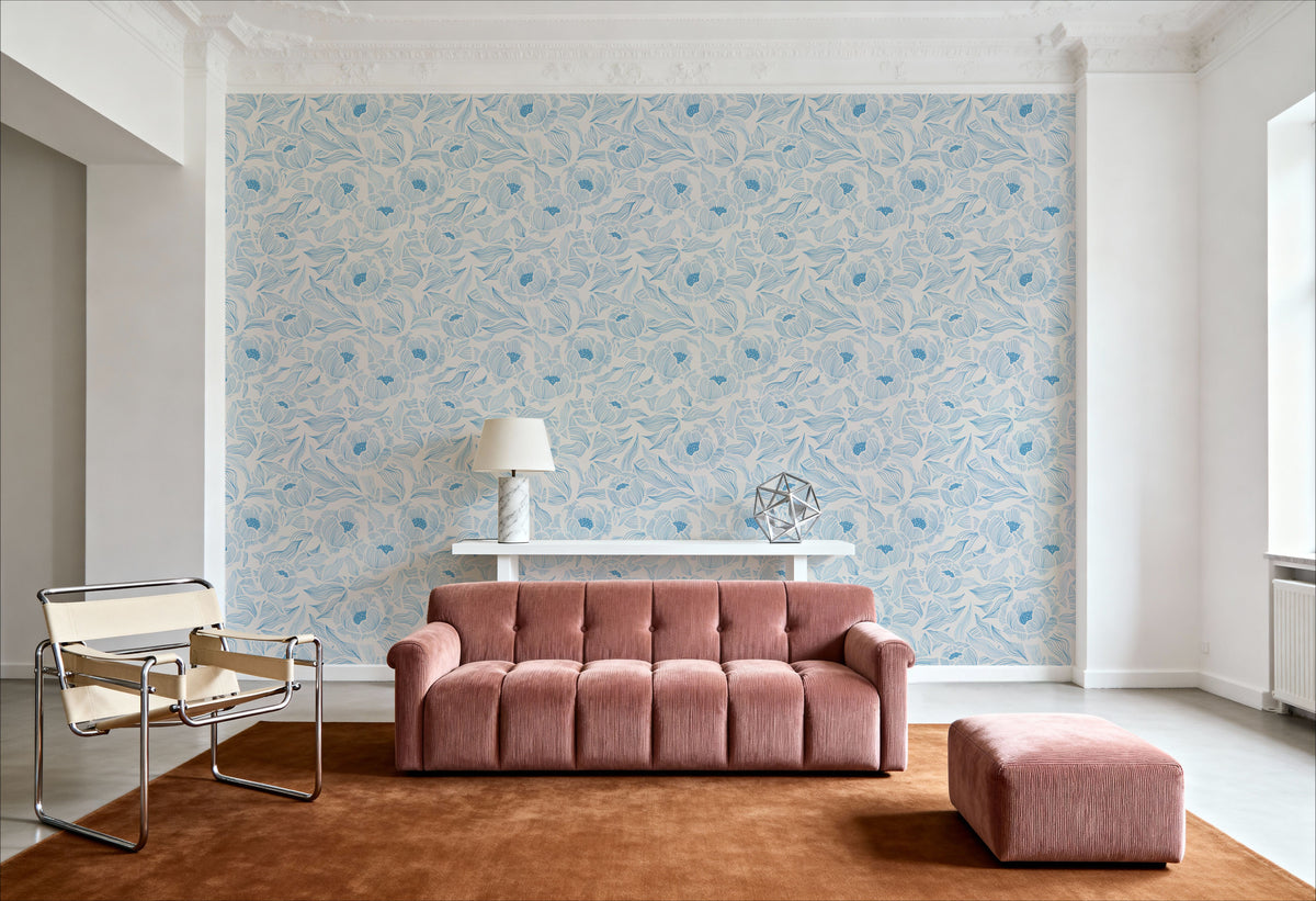 Hidden Peonies, Blue on Beige Mural Wallpaper - room preview 04
