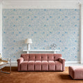 Hidden Peonies, Blue on Beige Mural Wallpaper - room preview 04