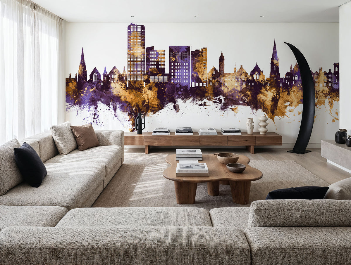 Swindon England Skyline Purple & Gold Mural Wallpaper - room preview 04