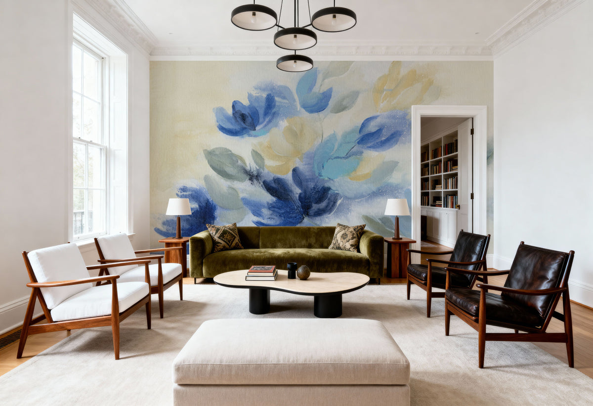Sapphire Blue Floral I Mural Wallpaper - room preview 04