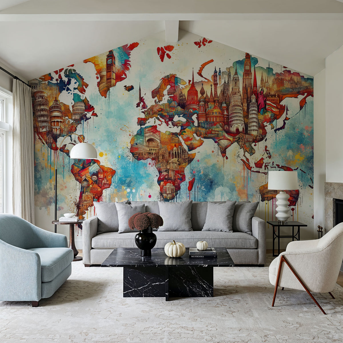Watercolor World Map Landmarks Mural Wallpaper - room preview 04