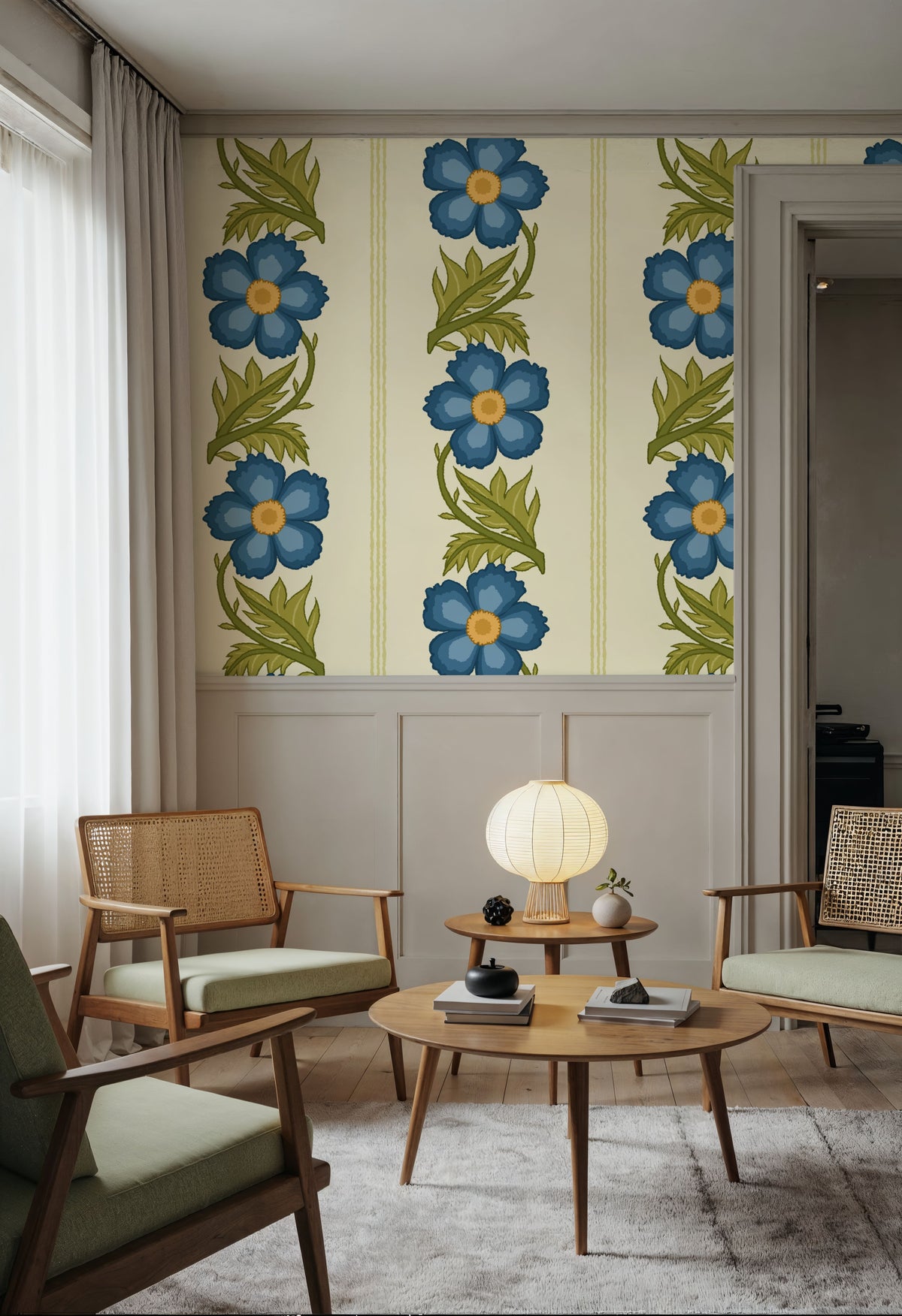 Floral Stripe, Blue Mural Wallpaper - room preview 04