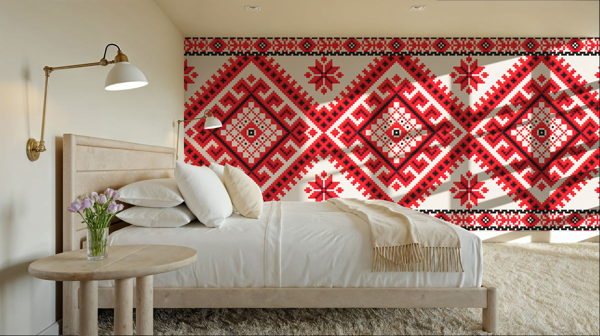 Pixel Embroidery Red Mural Wallpaper - room preview 04