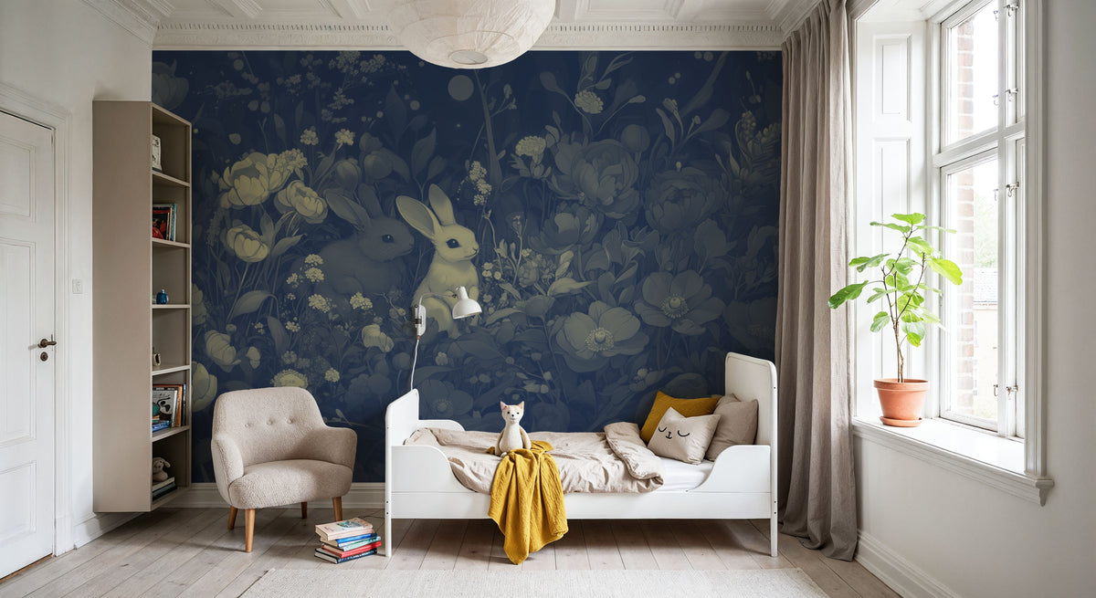 Rabbits Blue Mural Wallpaper - room preview 04