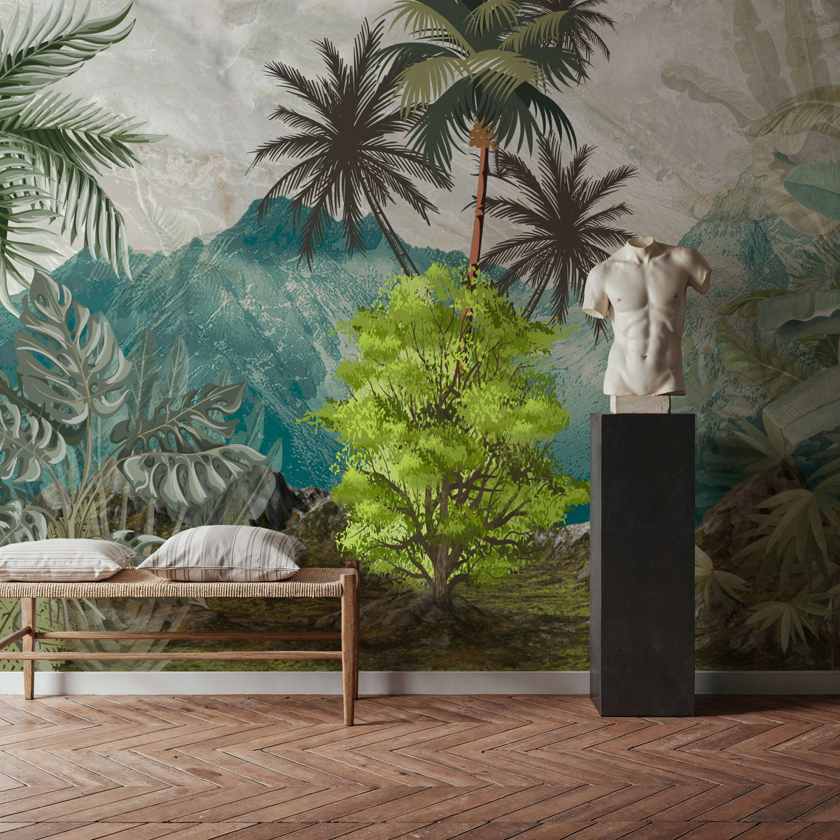 Banana Trees Sketching Mural Wallpaper - Cool Tone - room preview 04