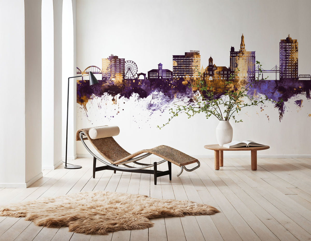 Davenport Iowa Skyline Purple & Gold Mural Wallpaper - room preview 04