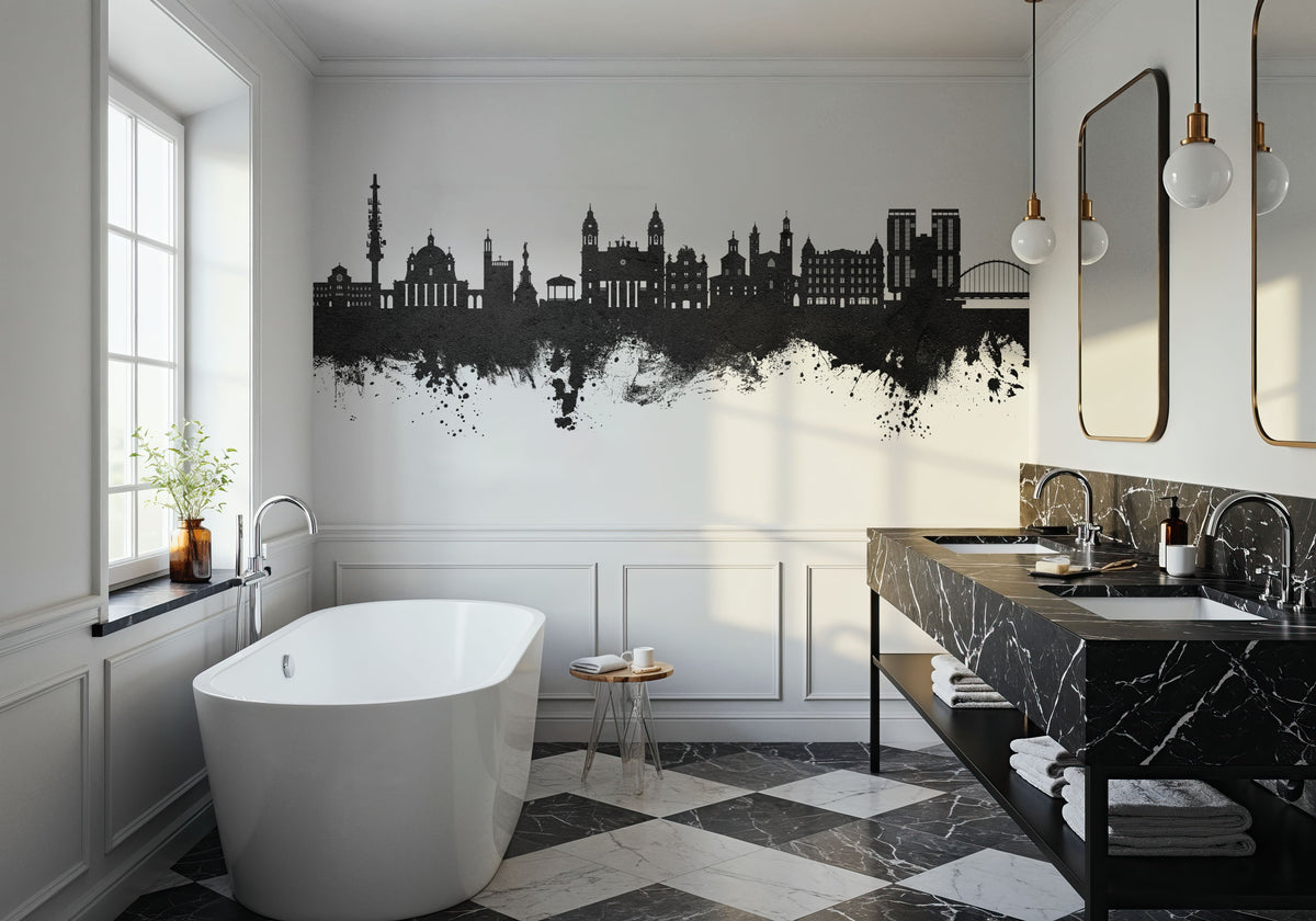 Pamplona Spain Skyline Black & White Mural Wallpaper - room preview 04