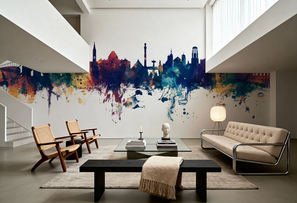Stuttgart Germany Skyline Blue & Bronze Mural Wallpaper - room preview 04