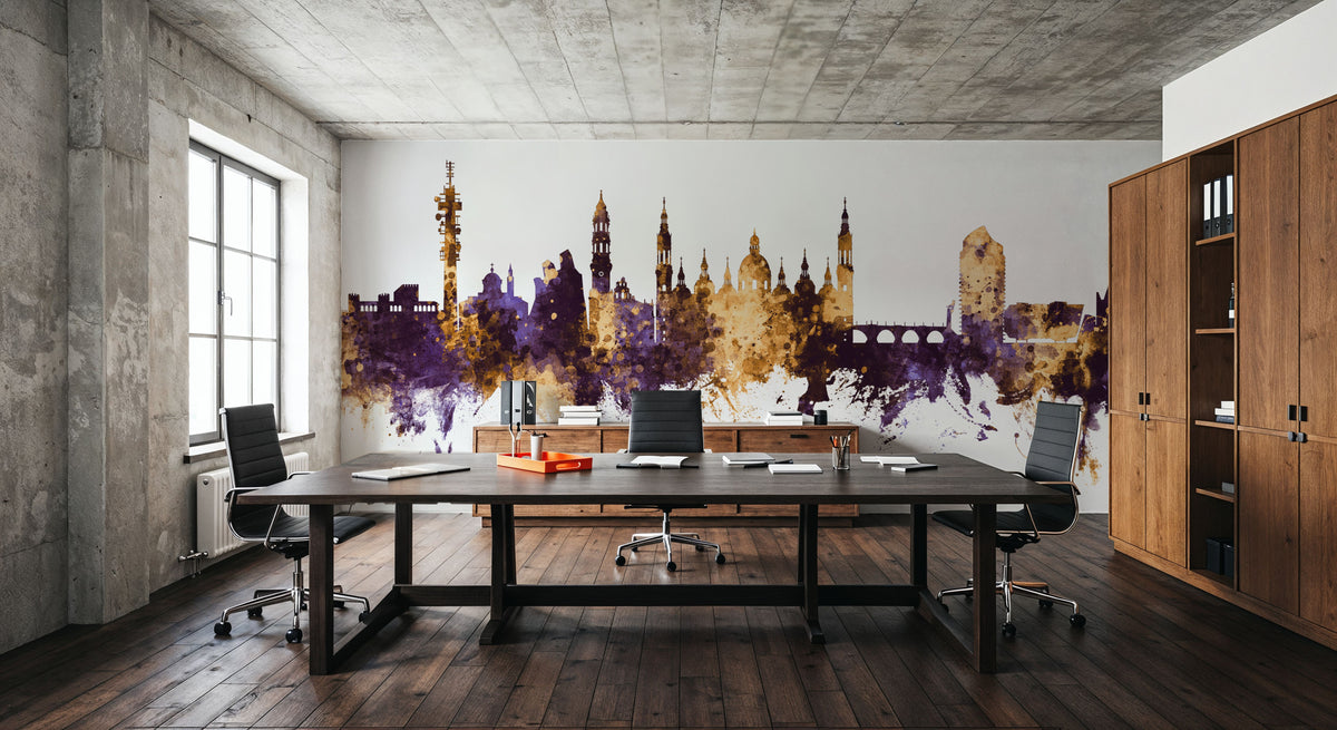 Zaragoza Spain Skyline Purple & Gold Mural Wallpaper - room preview 04