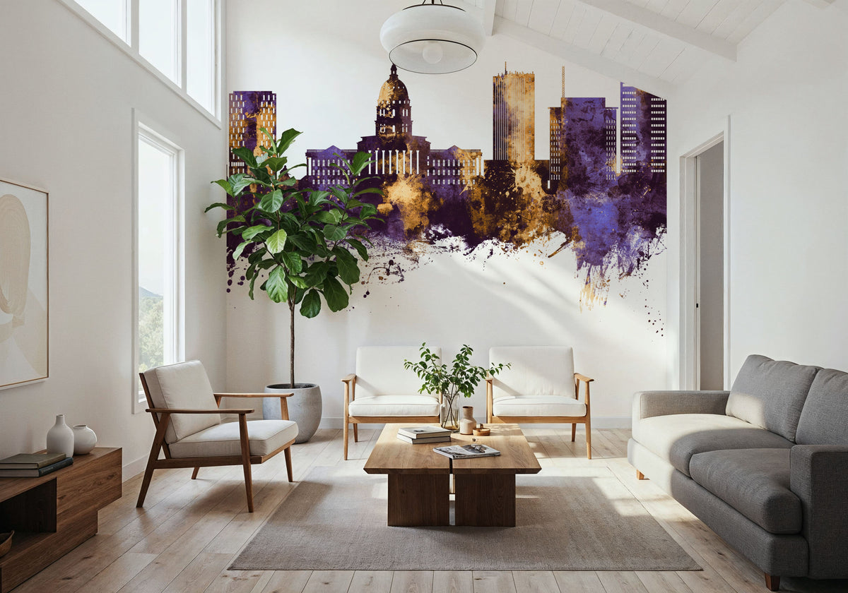 Topeka Wyoming Skyline Purple & Gold Mural Wallpaper - room preview 04