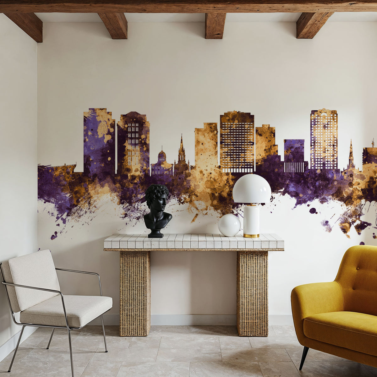 Norfolk Virginia Skyline Purple & Gold Mural Wallpaper - room preview 04