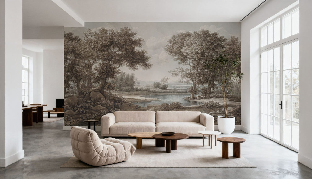 Riverbank Oak Landscape, Vintage Mural Wallpaper - room preview 04