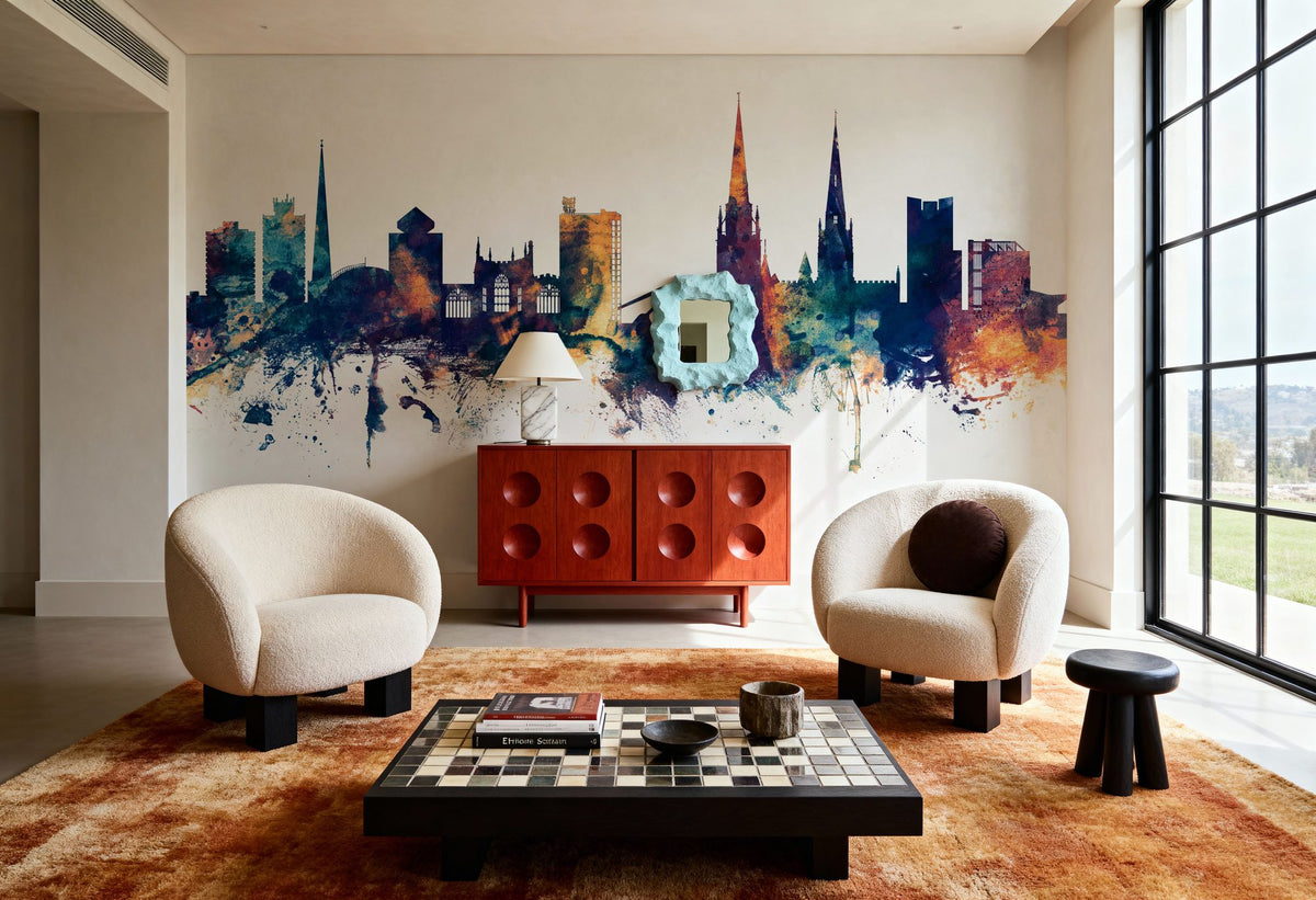 Coventry England Skyline Blue & Bronze Mural Wallpaper - room preview 04