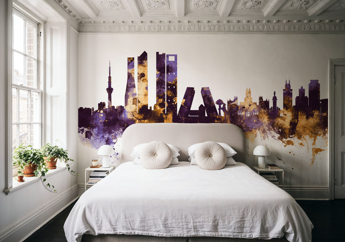 Madrid Skyline Purple & Gold Mural Wallpaper - room preview 04