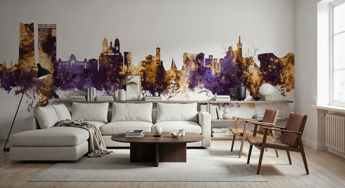 Marseille France Skyline Purple & Gold Mural Wallpaper - room preview 04