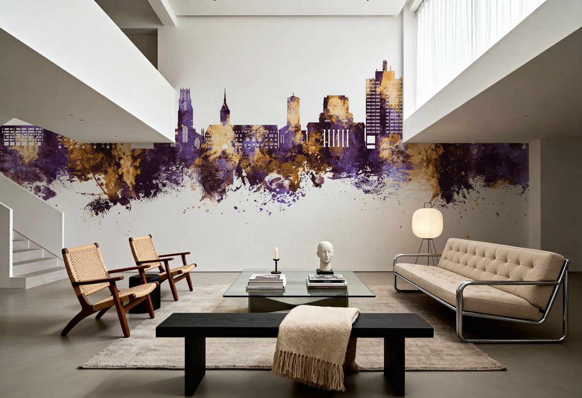 Duisburg Germany Skyline Purple & Gold Mural Wallpaper - room preview 04