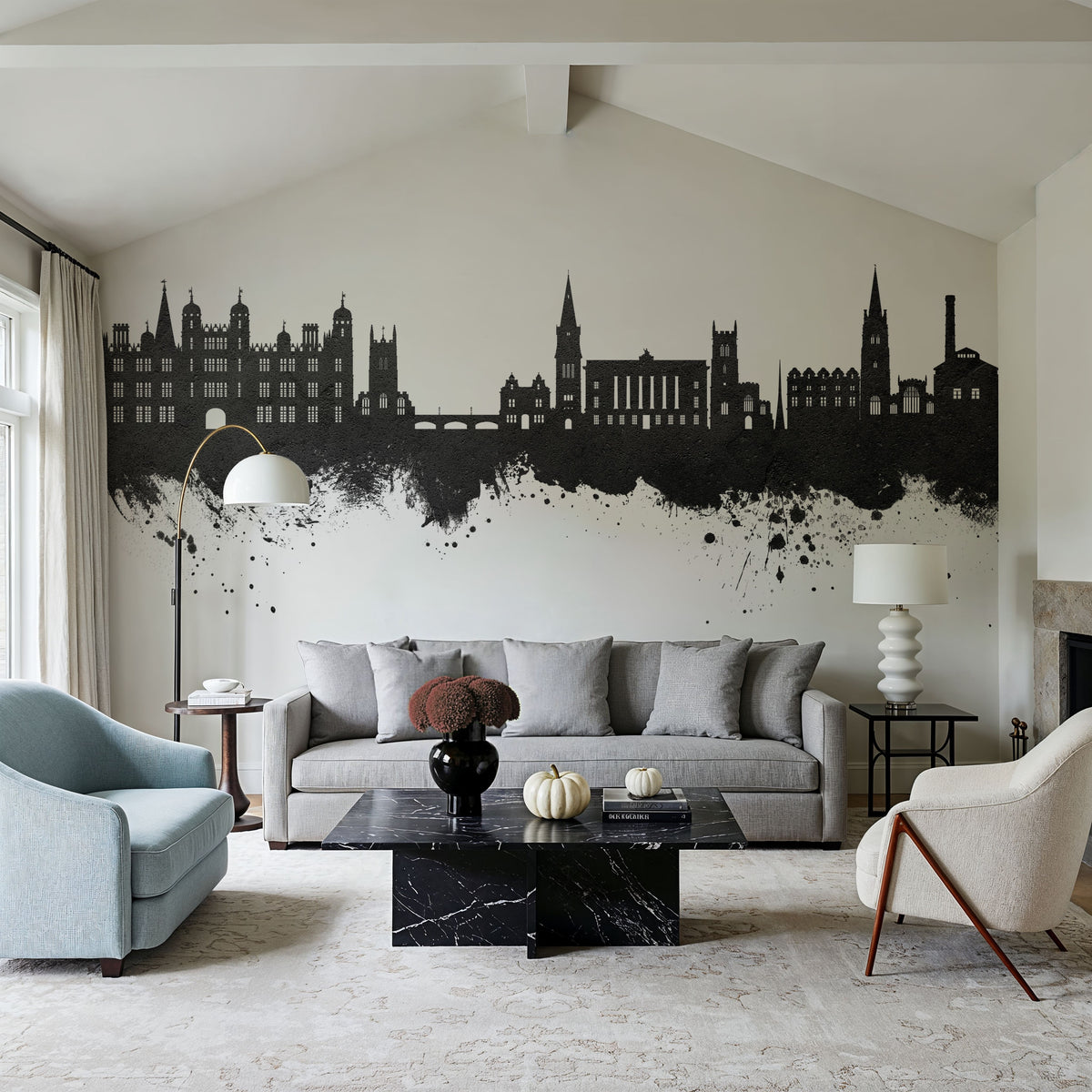 Stamford England Skyline Black & White Mural Wallpaper - room preview 04
