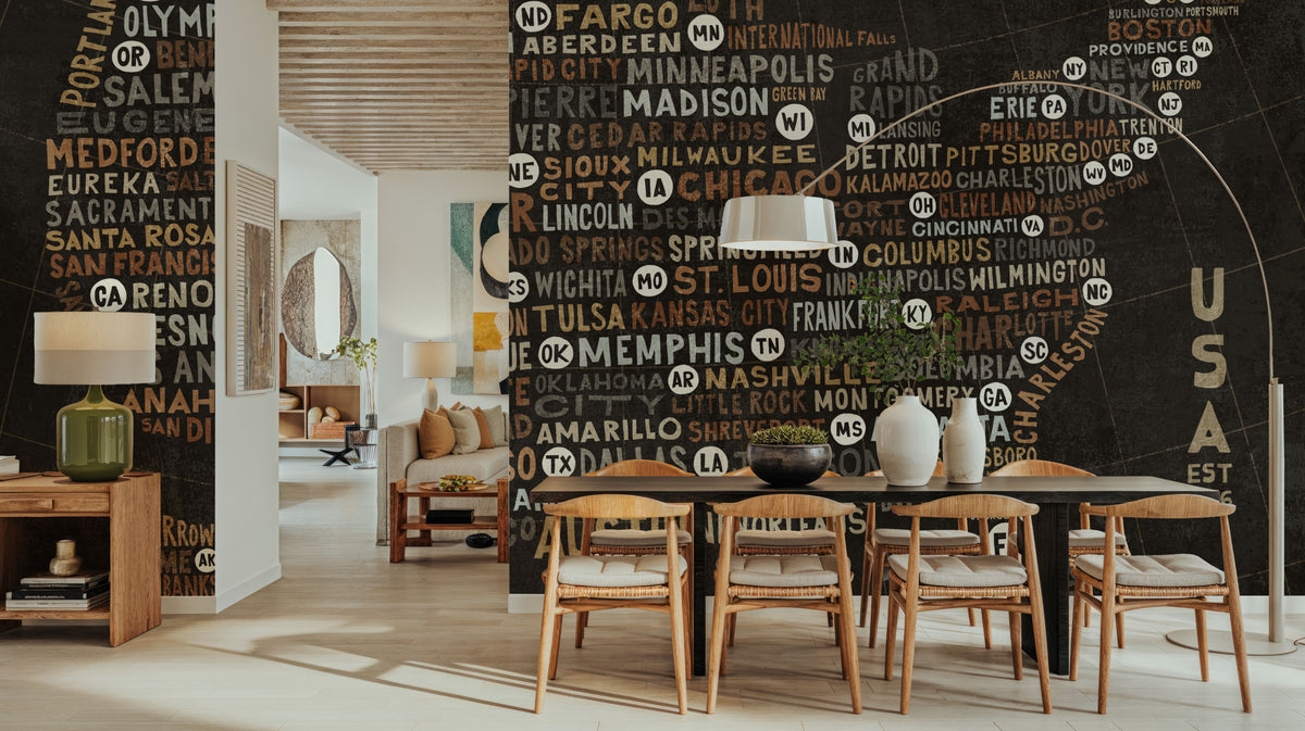 US City Map Black Mural Wallpaper - Dark Tone - room preview 04