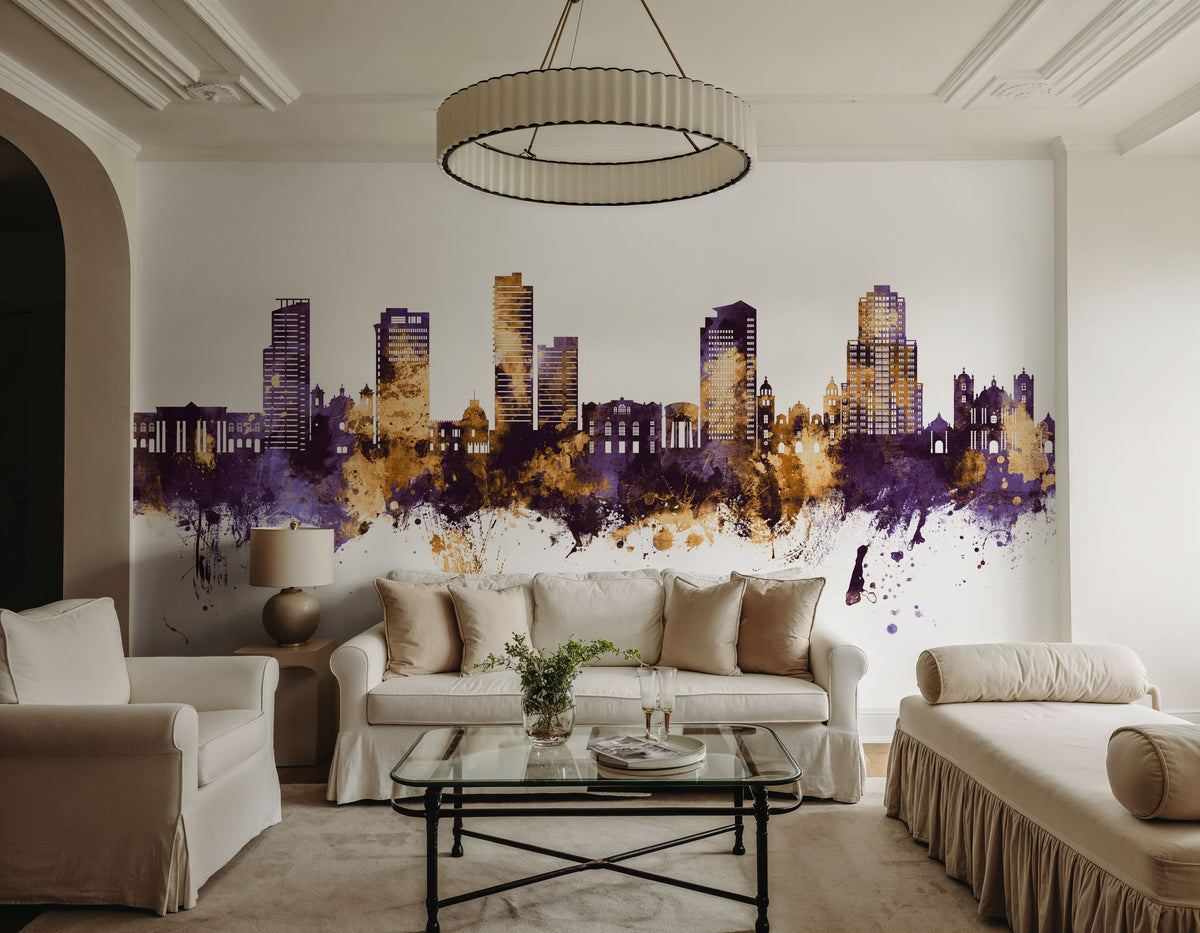 Tegucigalapa Honduras Skyline Purple & Gold Mural Wallpaper - room preview 04