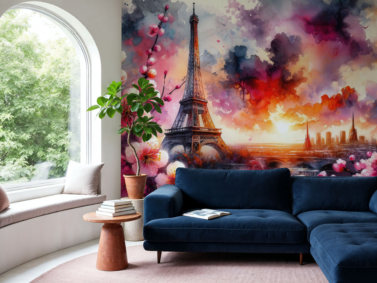 Watercolor Floral Paris Eiffel Tower Mural Wallpaper - room preview 04