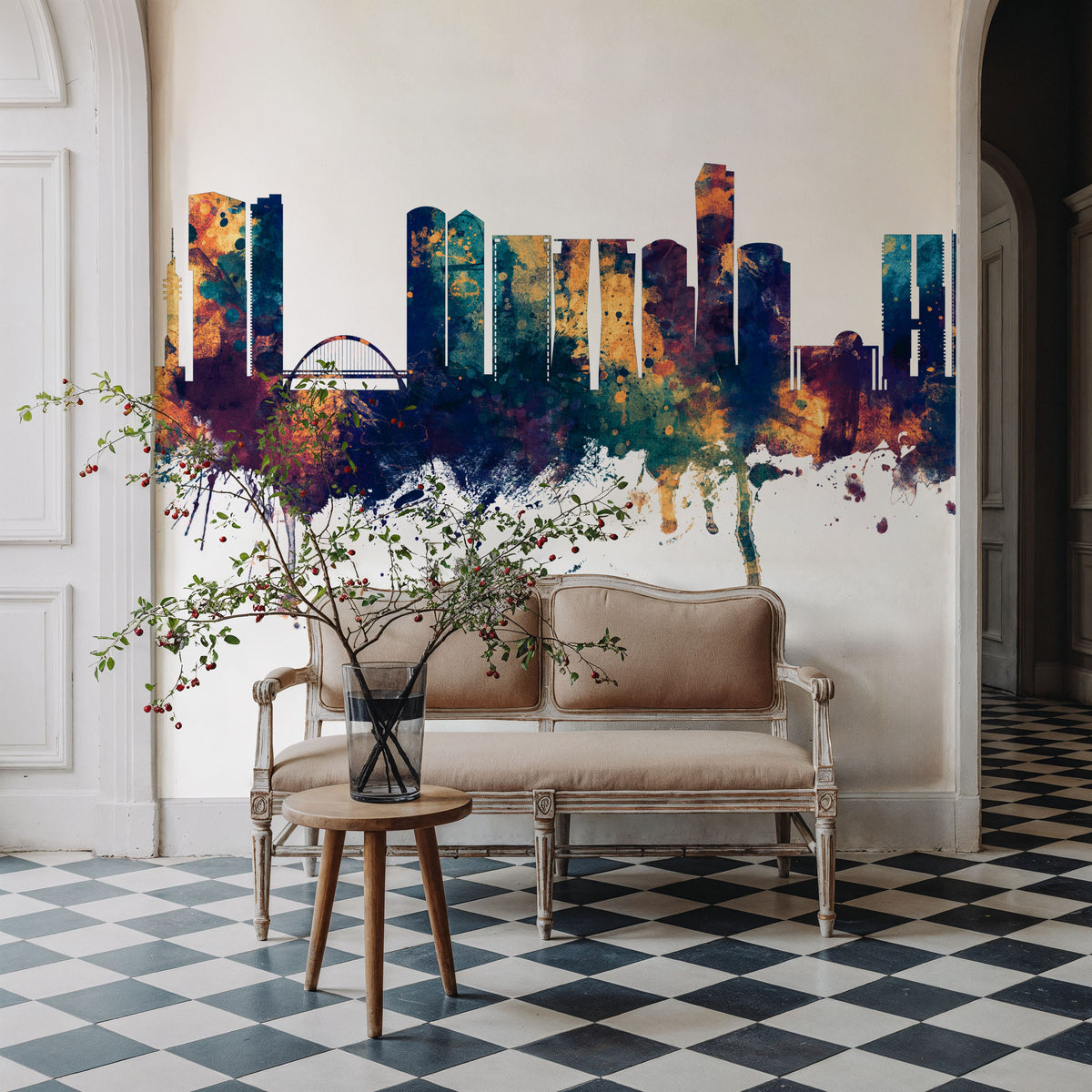 Tel Aviv Skyline Blue & Bronze Mural Wallpaper - room preview 04