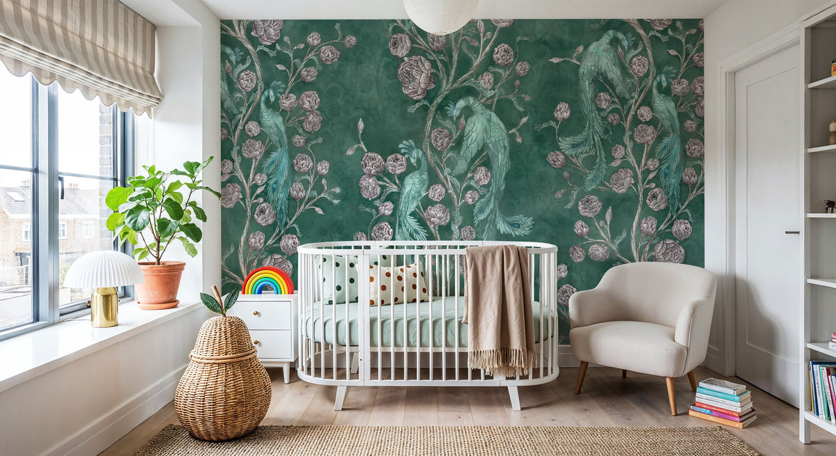 Peacock and Peony Chinoiserie Pale Green Mural Wallpaper - room preview 04