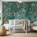 Peacock and Peony Chinoiserie Pale Green Mural Wallpaper - room preview 04