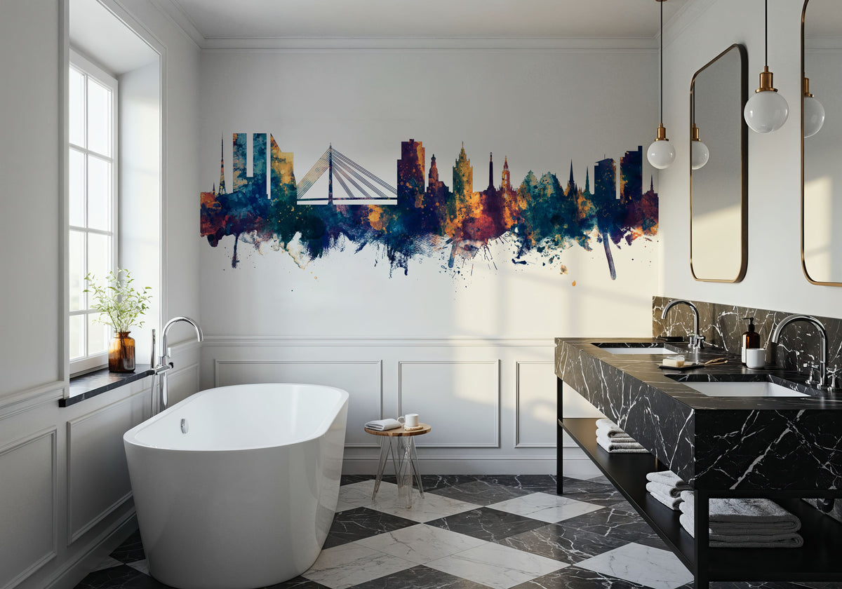 Riga Latvia Skyline Blue & Bronze Mural Wallpaper - room preview 04
