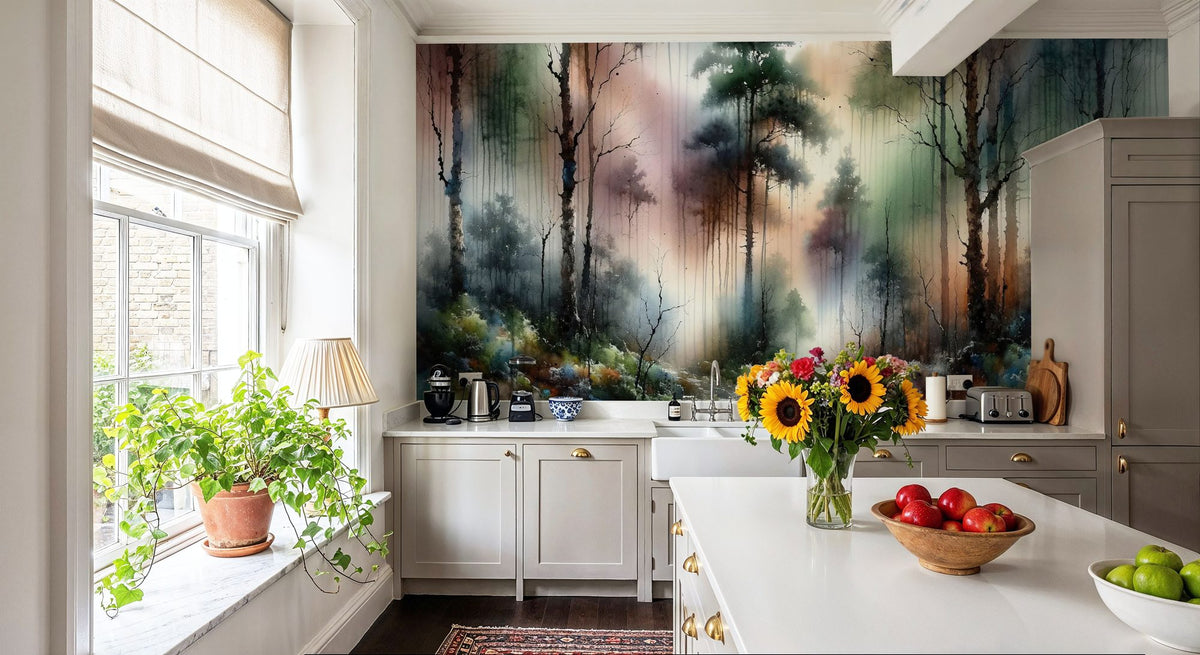 Mysterious Forest Enveloped in Thick Fog Mural Wallpaper - room preview 04