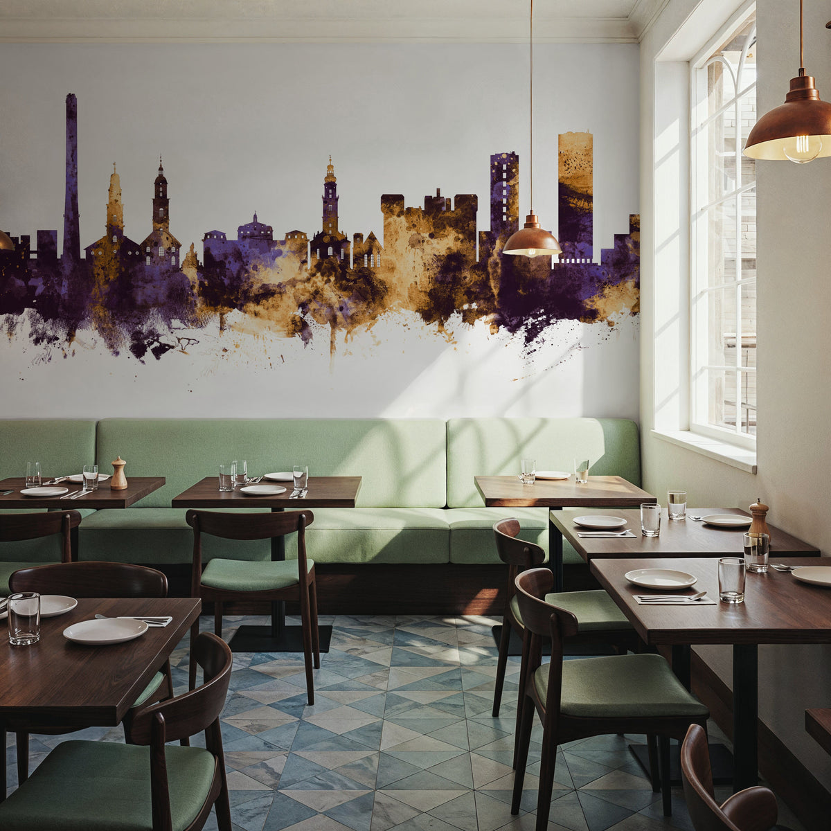 Erlangen Germany Skyline Purple & Gold Mural Wallpaper - room preview 04