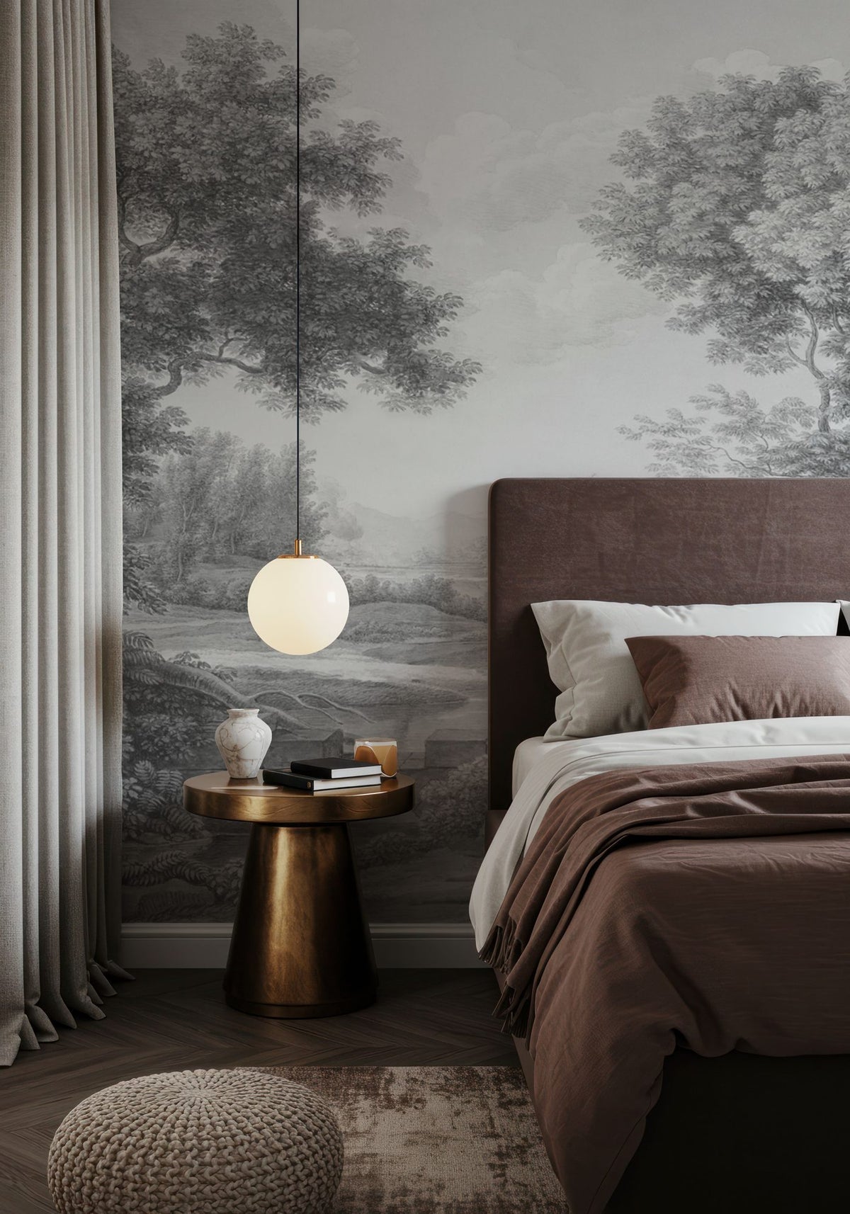 Riverbank Oak Landscape, Pewter Mural Wallpaper - room preview 04
