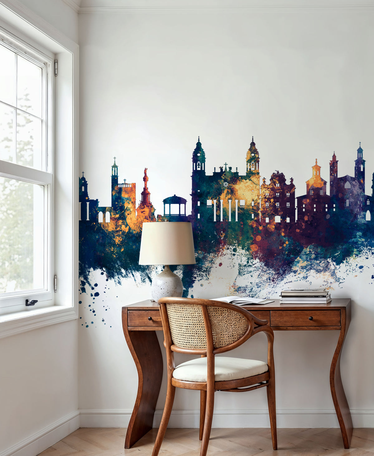 Pamplona Spain Skyline Blue & Bronze Mural Wallpaper - room preview 04