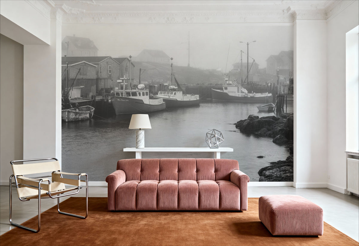 Foggy Fishing BW Mural Wallpaper - room preview 04