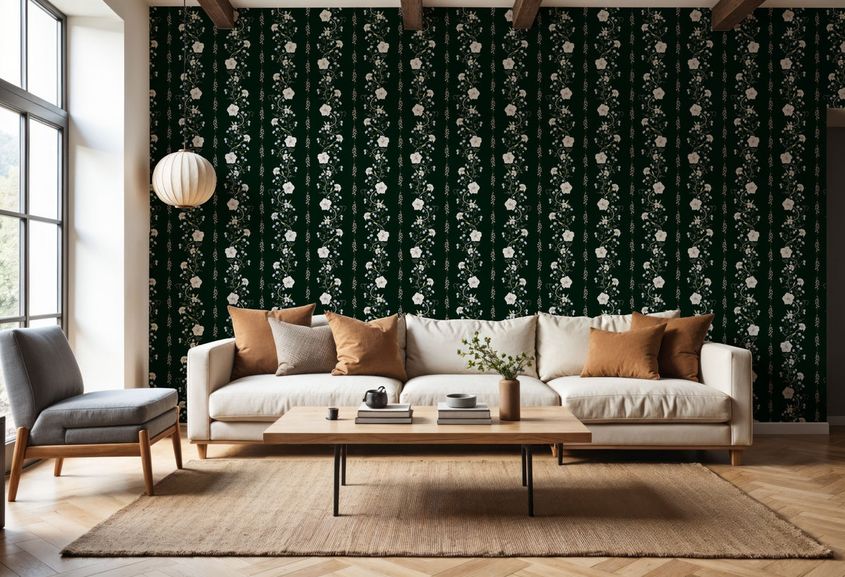 Trailing Flower Stripe, Dark Green Mural Wallpaper - room preview 04
