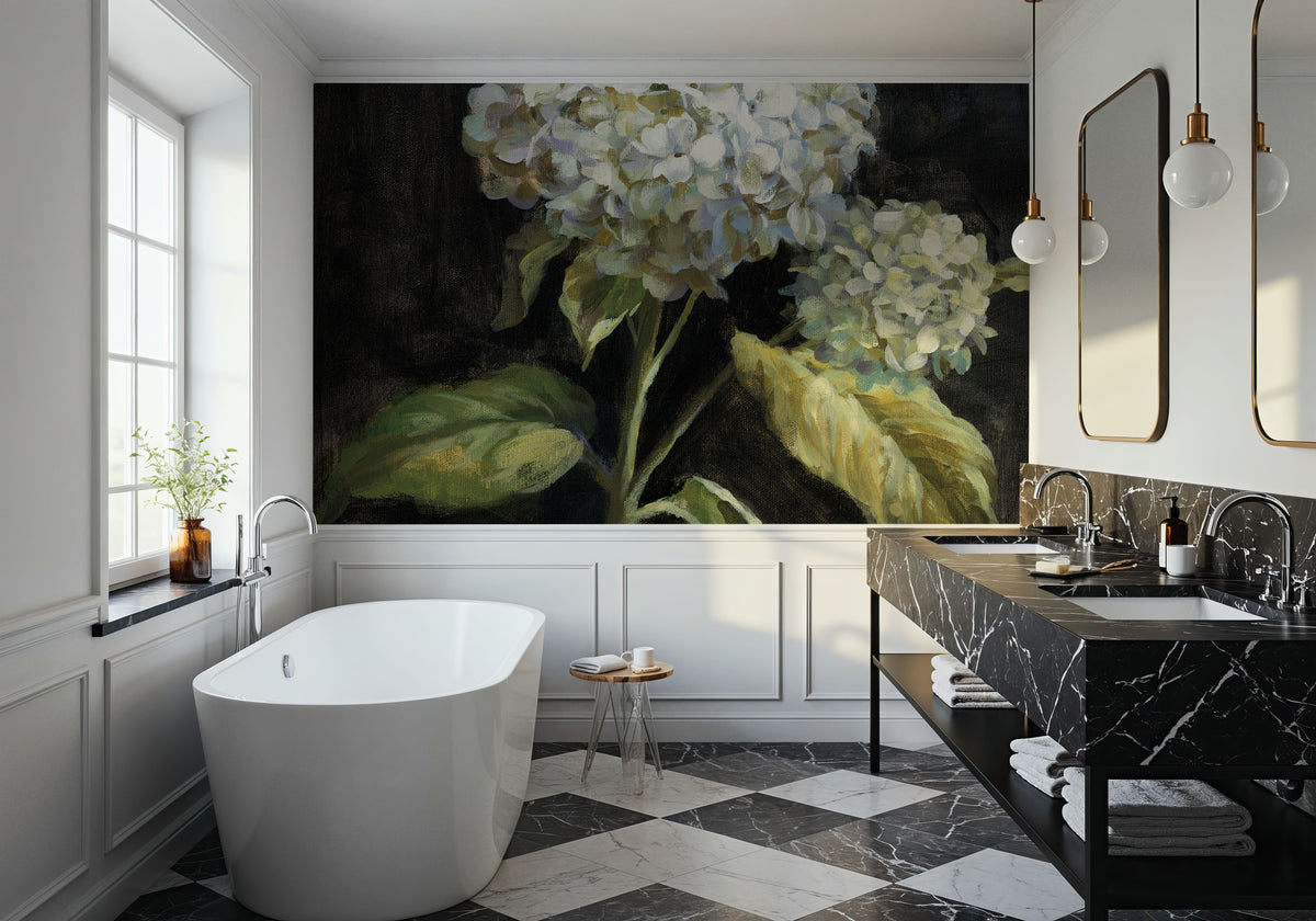 Hydrangea on Black Mural Wallpaper - room preview 04