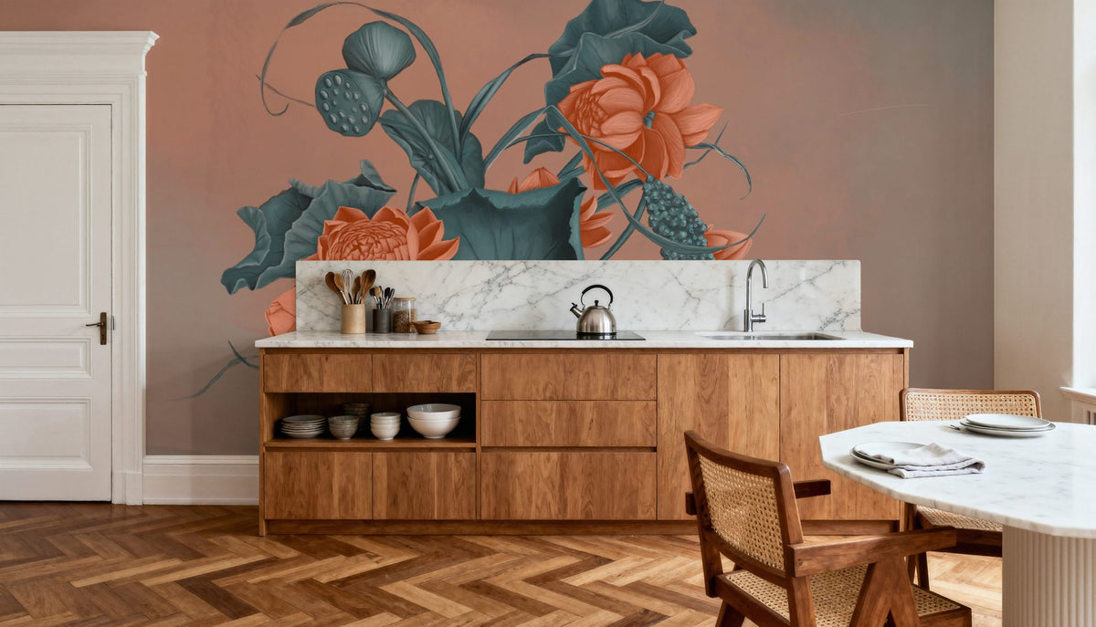 Humble Blooms - Peach and Teal Mural Wallpaper - room preview 06